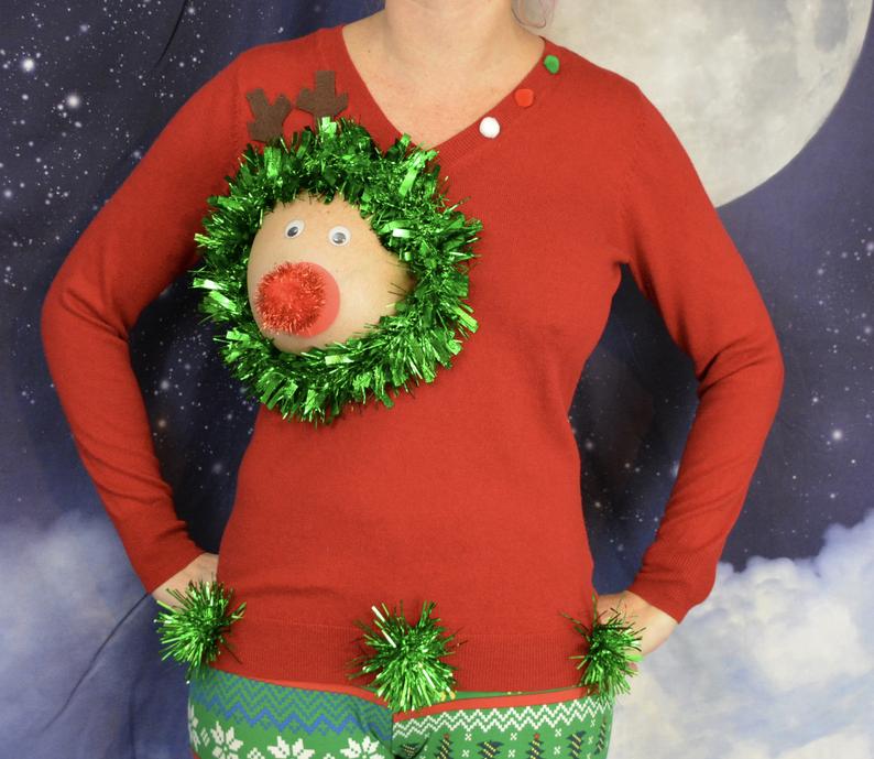 Reindeer Boob Ugly Christmas Sweater 