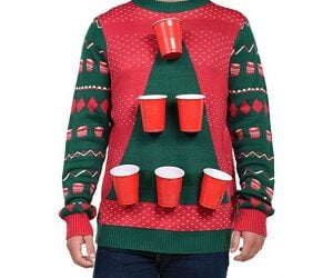 Beer Pong Ugly Christmas Sweater – 6 removable beer pong cups. Comes with 6 beer pong balls