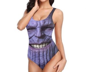 Thanos One piece Swimwear –  Get ready for summer with this stylish Thanos face one piece. Just don’t snap anywhere near your crotch or half your junk might disappear.