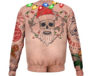 Tattooed Ugly Christmas Sweater – Nobody, besides Mrs. Claus truly knows what Santa’s body looks like under that big red suit, but I would imagine it looks something like this.