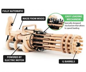 Unleash a rubbery fury on your target by blasting it to smithereens with this fully automatic rubber band minigun! This amazing wooden gun comes with a specially designed mechanism that