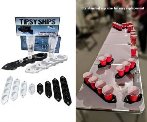 Tipsy Ships is like Battleship for your beer pong table – The beloved game of beer pong with a new twist! Teams face off against each other with 4 different sized