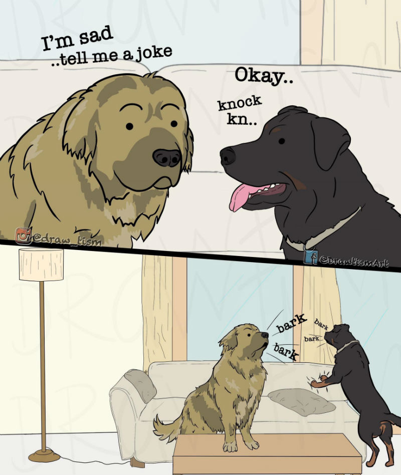 im sad tell me a joke knock knock dog comic 