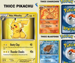 Thicc Pokemon 4 Card Set – Thicc Pikachu, Thicc Charizard, Thicc Blastoise & Thicc Venusaur! This hilarious custom parody card set is a must have for fans of Pokemon!